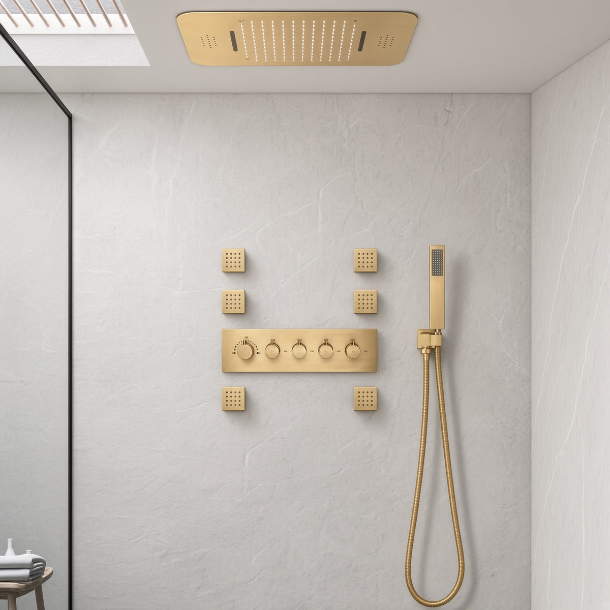 FAVOR | 23" Ceiling Mounted  Complete Thermostatic LED Music Shower System 6 Body Jets