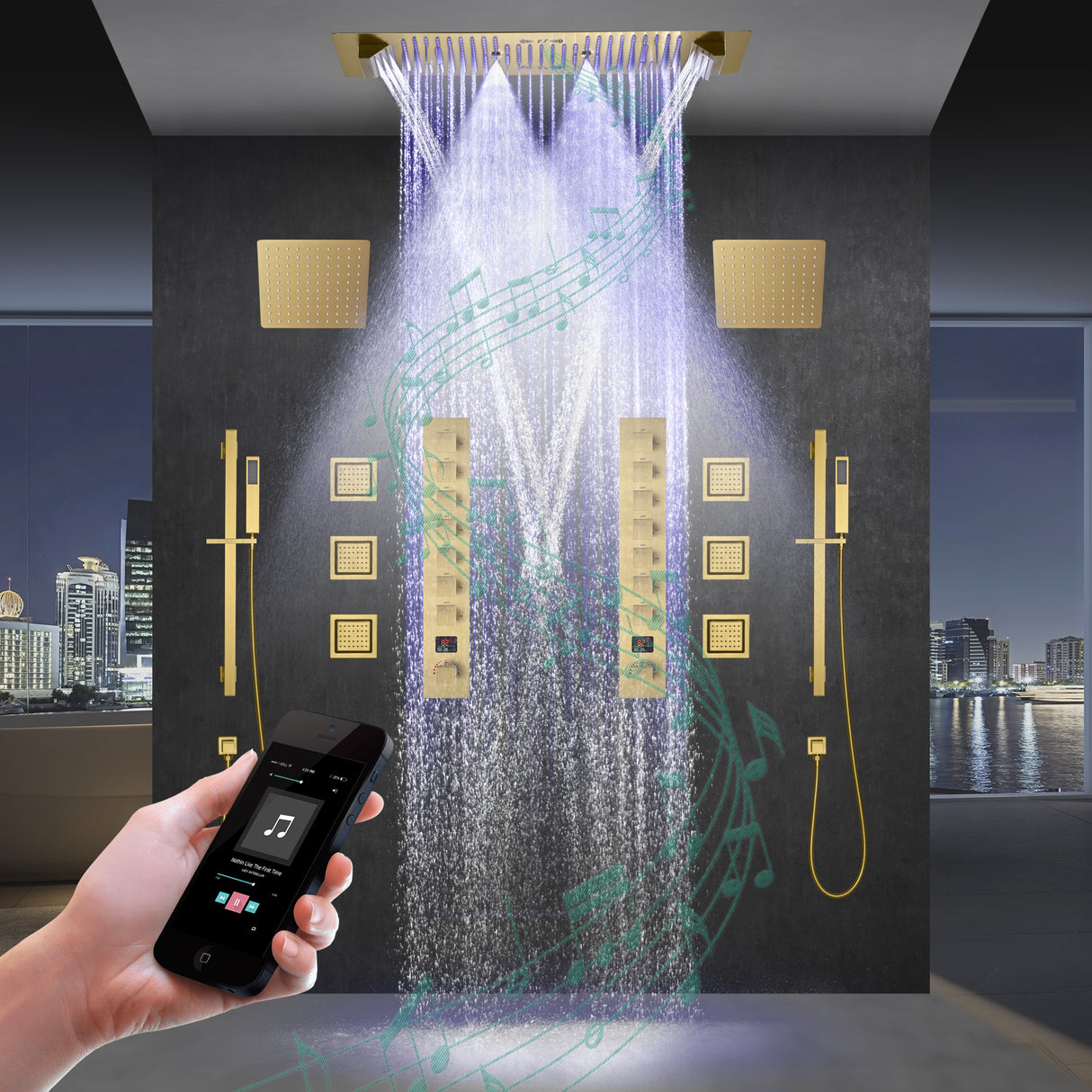 Alamere|36"X 16" In Dual Showerhead 7 Functions Complete Led Music Shower System 6 Body Jets 2x Wall Mounted Rainfall Showerhead