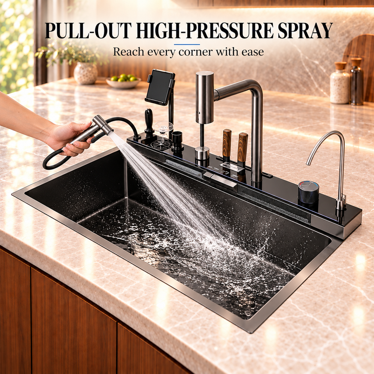 Aqua 29.5 in workstation sink pullout high-pressure spray rinsing the basin
