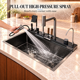 Aqua 29.5 in workstation sink pullout high-pressure spray rinsing the basin