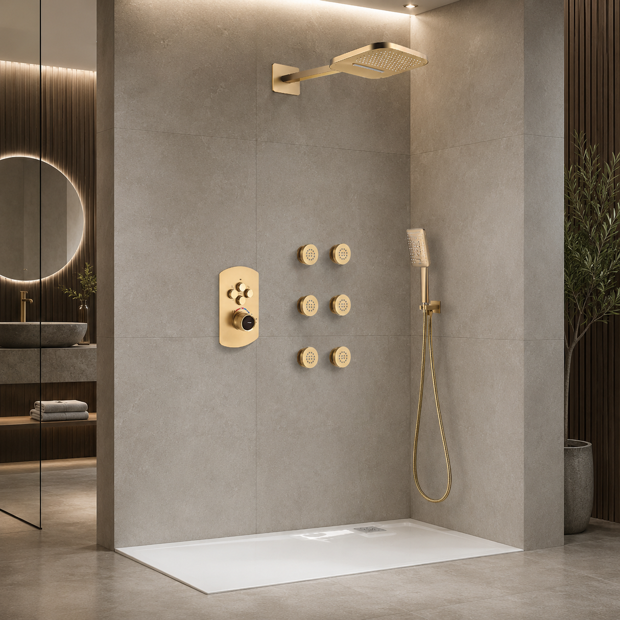 AREZO Rainfall Waterfall Shower System with Hand Shower & 6 Body Sprays