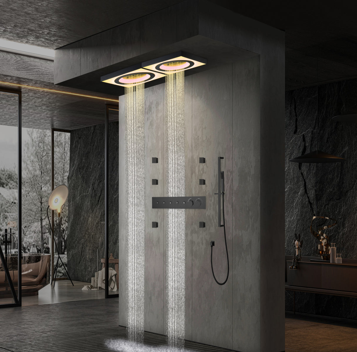 Art|47" Ceiling Mount Complete Rainfall Waterfall Led Music Shower System