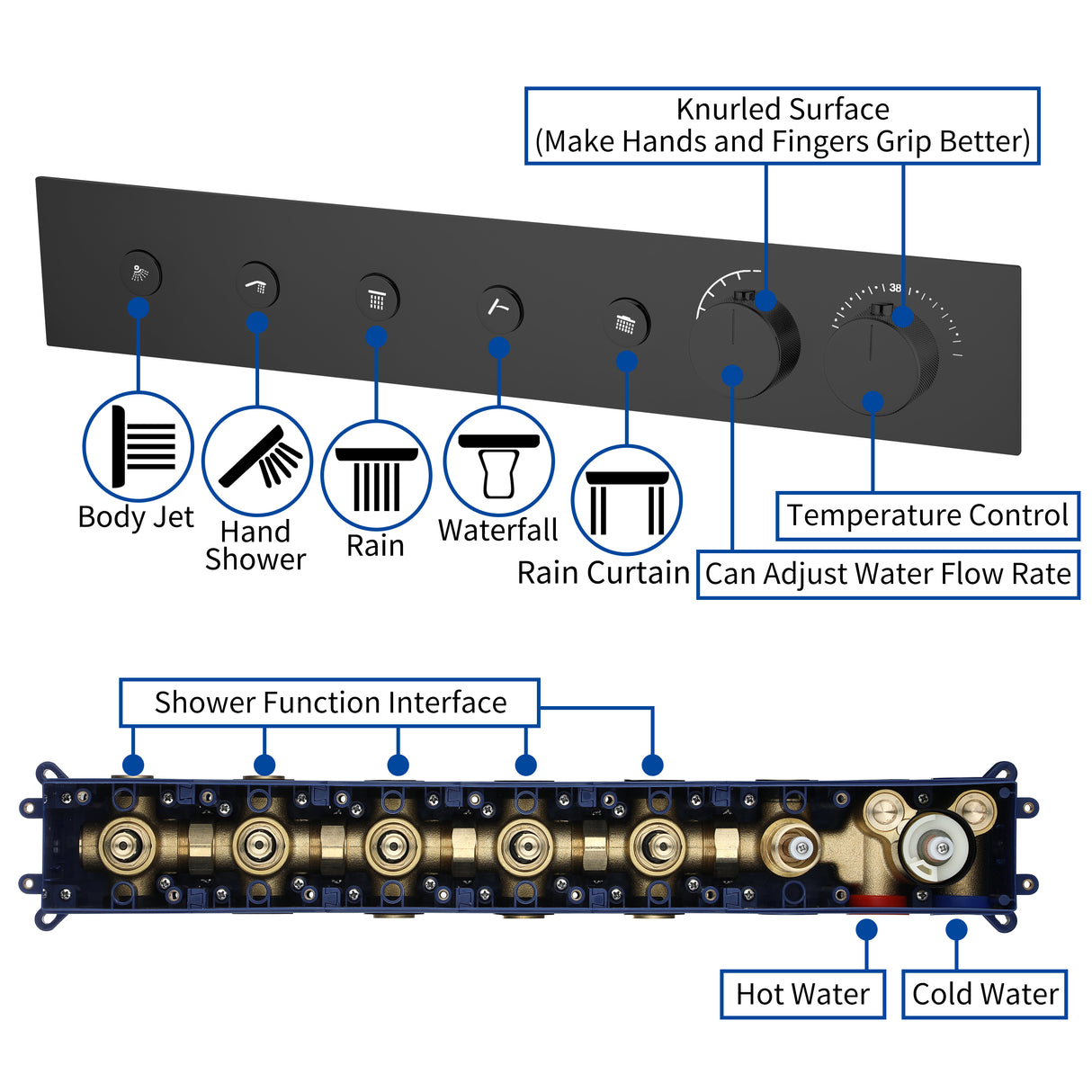 Art|47" Ceiling Mount Complete Rainfall Waterfall Led Music Shower System