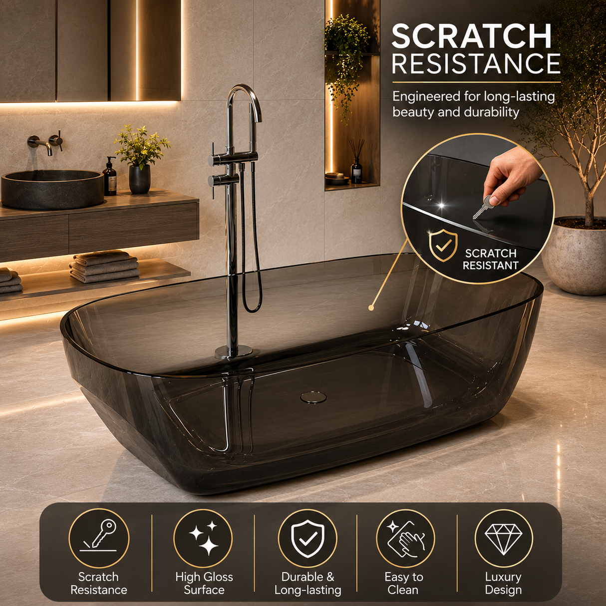 ASPPIRE| 62" Pure Resin Freestanding Bathtub with a Transparent Finish Luxury  Freestanding Bathtub