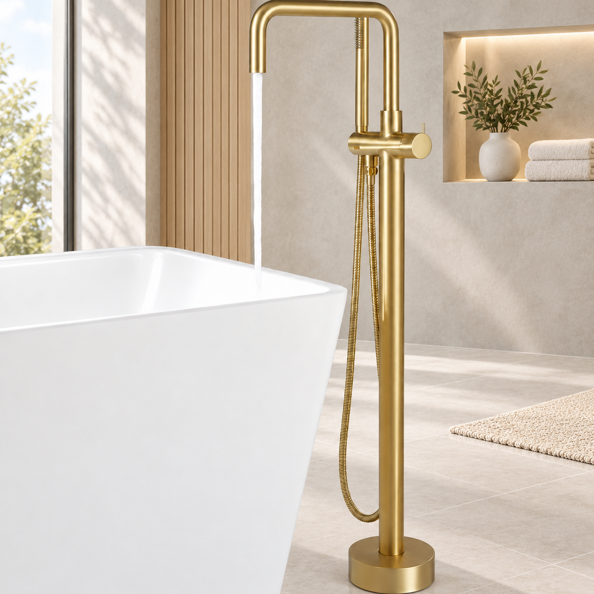 BYREL freestanding bath tub filler with single-handle control in brushed gold