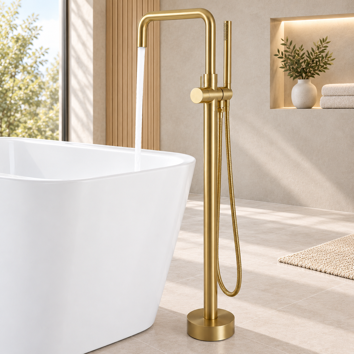 BYREL brushed gold floor-mounted bathtub faucet shown from an angled view