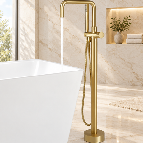 BYREL brushed gold freestanding bathtub filler with curved spout and matching hand shower