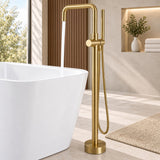 BYREL brushed gold freestanding bathtub faucet beside a modern soaking tub