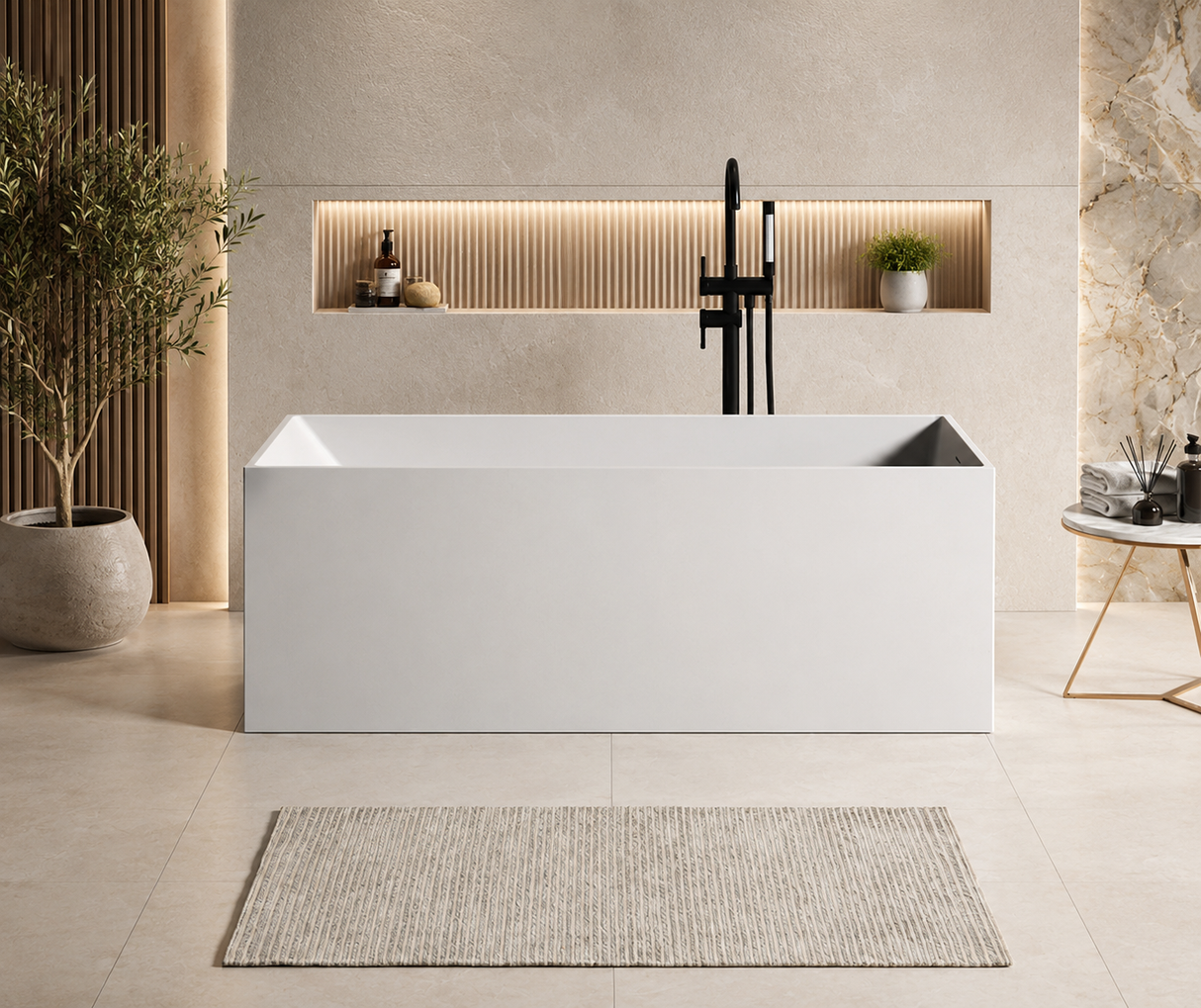 ELARA 70-INCH FREESTANDING RECTANGULAR BATHTUB – LUXURY SOLID SURFACE STONE RESIN SOAKING TUB