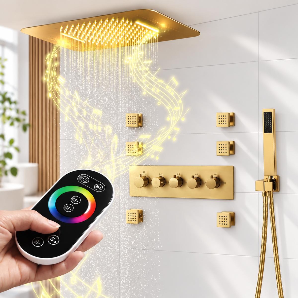 FAVOR | 23" Ceiling Mounted  Complete Thermostatic LED Music Shower System 6 Body Jets