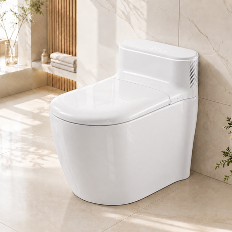 A modern white smart toilet with a closed lid, positioned in a clean, sunlit bathroom with beige marble walls and floor.