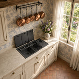 NIX38 gun grey workstation sink with folding covers open in a warm kitchen