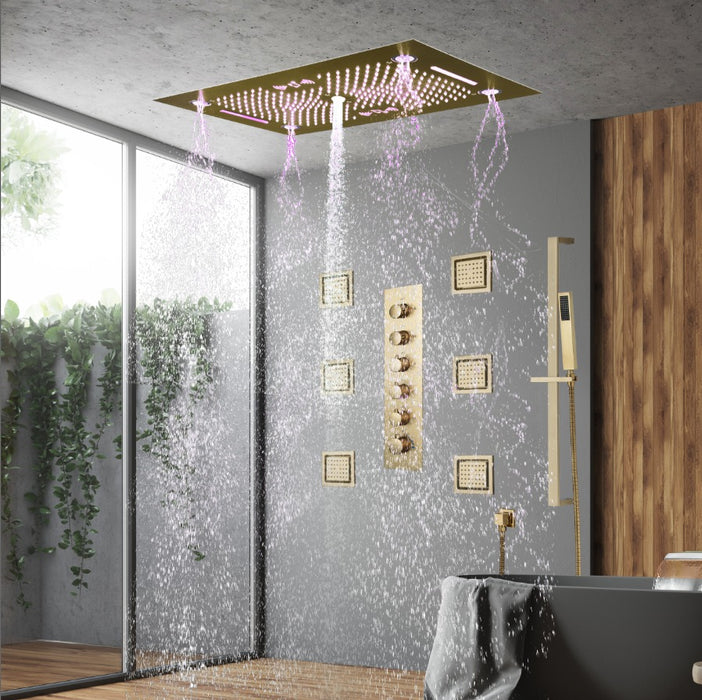 HAVASU| 28" CEILING MOUNTED  LED MUSIC SHOWER SET RAINFALL/WATERFALL/WATER SPIN & COLUMN FUNCTIONS