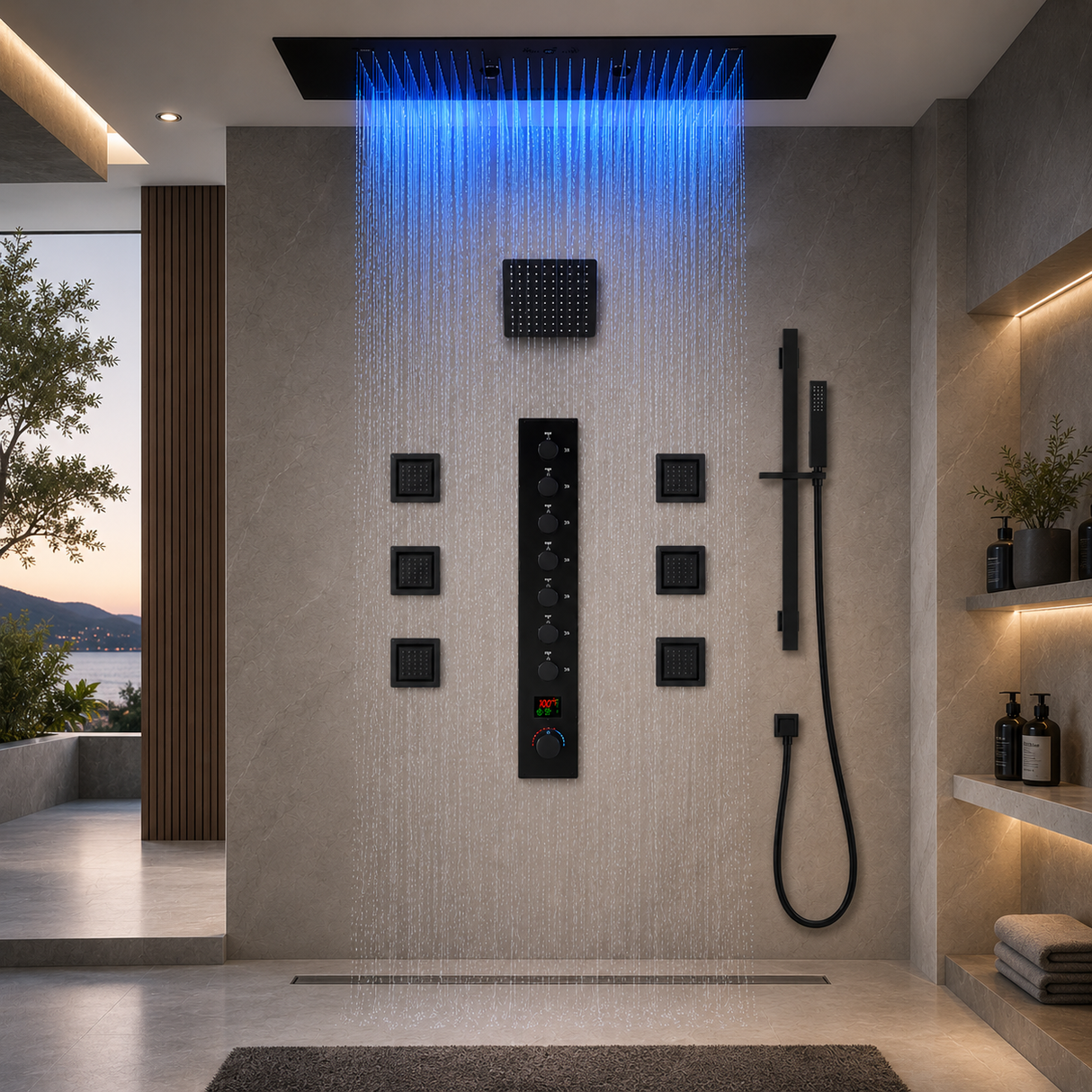IVEY 36" X 16" SMART LED MUSIC SHOWER SYSTEM  RAINFALL, WATERFALL, BODY JETS, HANDHELD SHOWER & WALL-MOUNT SHOWER HEAD