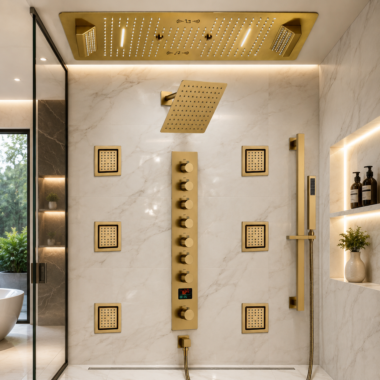 IVEY 36" X 16" SMART LED MUSIC SHOWER SYSTEM  RAINFALL, WATERFALL, BODY JETS, HANDHELD SHOWER & WALL-MOUNT SHOWER HEAD