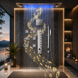 IVEY 36" X 16" SMART LED MUSIC SHOWER SYSTEM  RAINFALL, WATERFALL, BODY JETS, HANDHELD SHOWER & WALL-MOUNT SHOWER HEAD