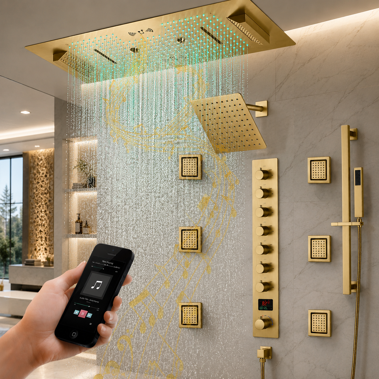 A modern bathroom scene showing a large gold rain shower head with water spraying down, plus matching wall-mounted shower controls and a handheld phone being used to control the system. A human hand is visible holding the phone, so this is classified as Lifestyle rather than Product/Packaging.