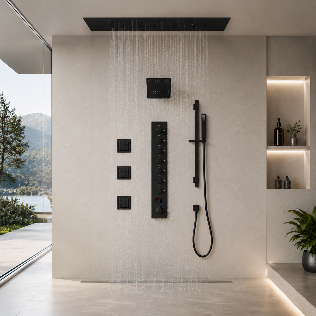 IVEY 36" X 16" SMART LED MUSIC SHOWER SYSTEM  RAINFALL, WATERFALL, BODY JETS, HANDHELD SHOWER & WALL-MOUNT SHOWER HEAD