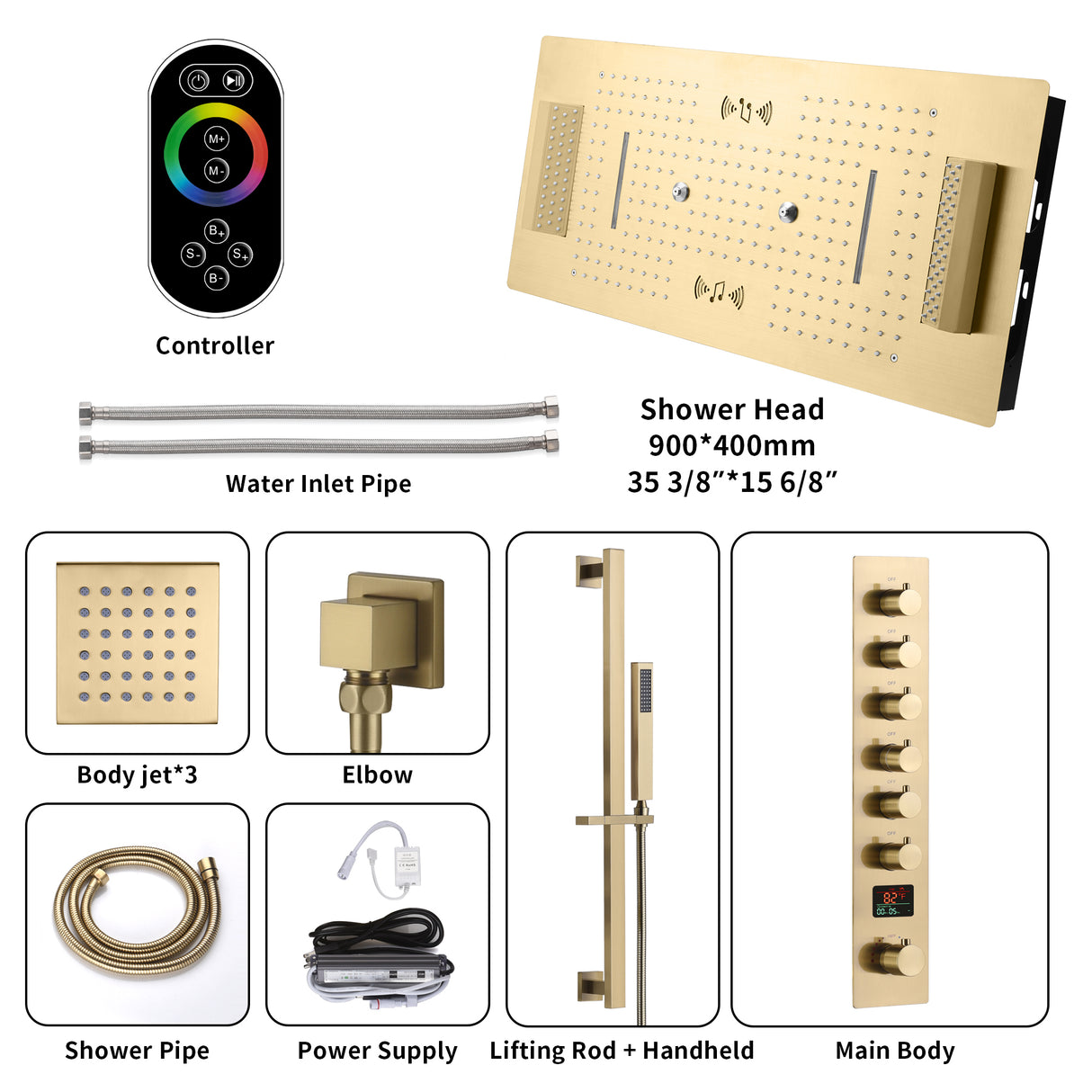 MONTANA|36"X 16" COMPLETE LUXURY LED MUSIC SHOWER SYSTEM DIGITAL DISPLAY THERMOSTATIC VALVE