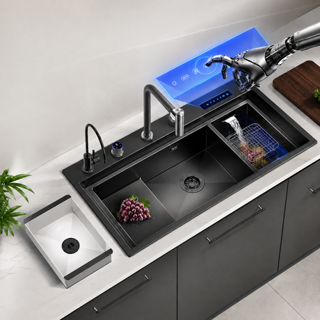 A modern black double-basin kitchen sink with a matte-finish faucet and a built-in blue-lit control panel above the sink. A robotic arm is shown interacting with the panel, and the sink contains grapes and a basket being washed.
