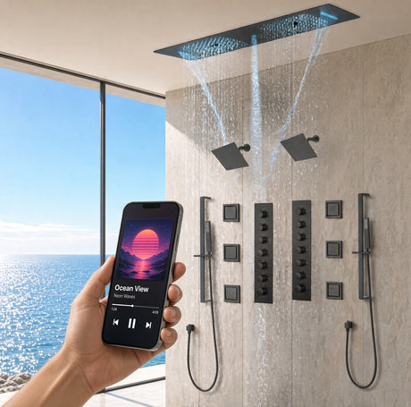 Multnomah chrome shower system with LED ceiling head and phone music control
