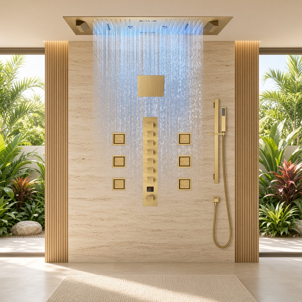 SAFARI luxury ceiling shower system with LED rainfall, handheld spray and body jets