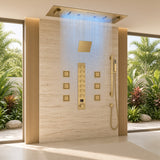 SAFARI 36 x 16 LED music shower system in brushed gold with digital valve and body jets