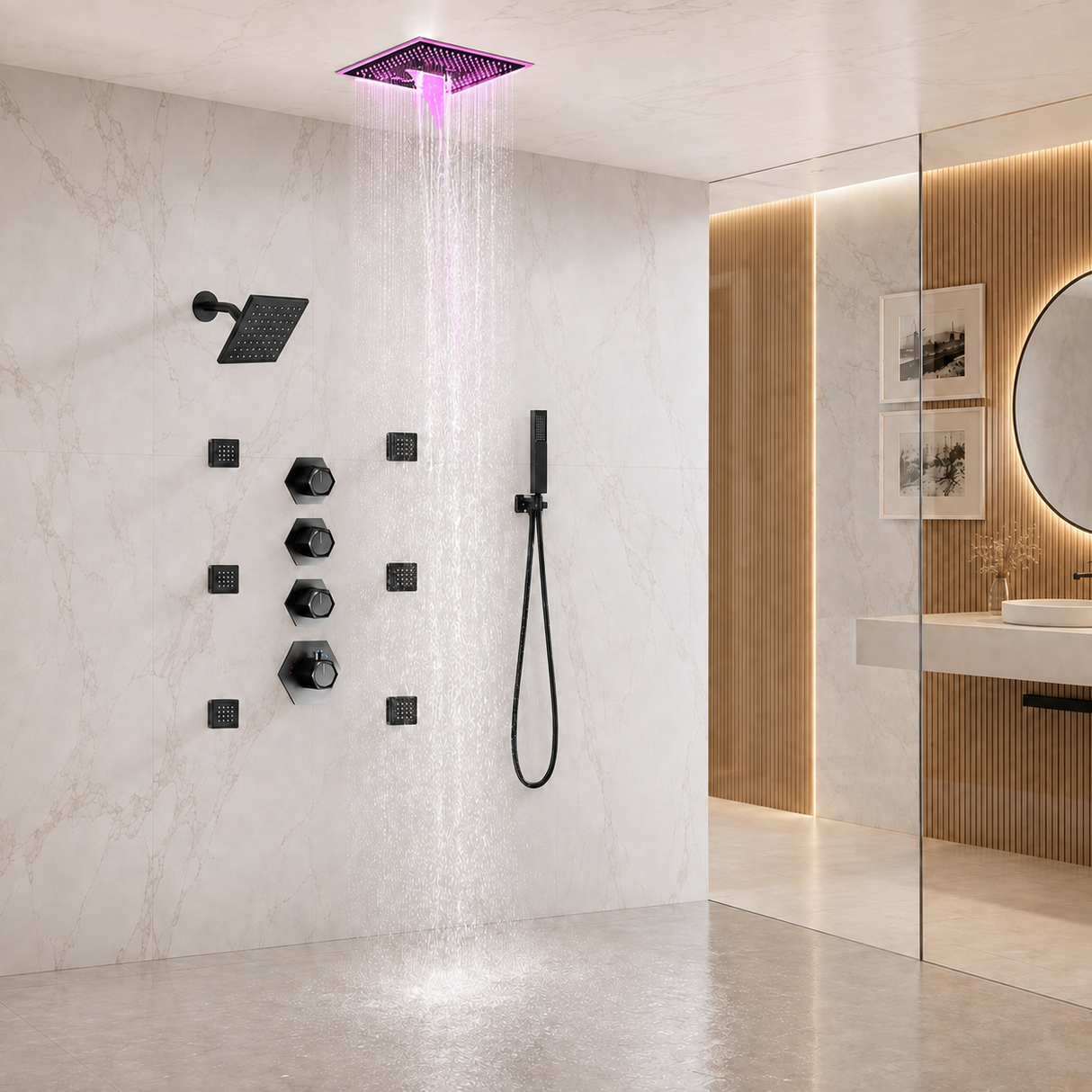 Modern wall-mounted rain shower system with a square overhead shower head emitting pink-purple water light, a handheld wand attachment, multiple black control valves, and a glass-enclosed bathroom interior.