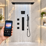 SAFARI black ceiling-mounted shower system with rainfall head and body jets