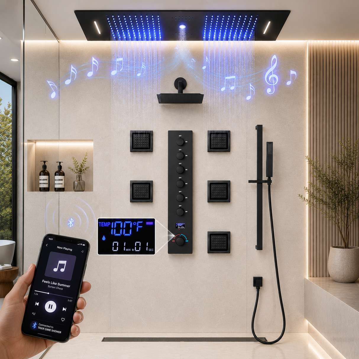 Sydney|36"Inch Complete Led Music Shower System Rainfall Waterfall & Wall Mounted Showerhead