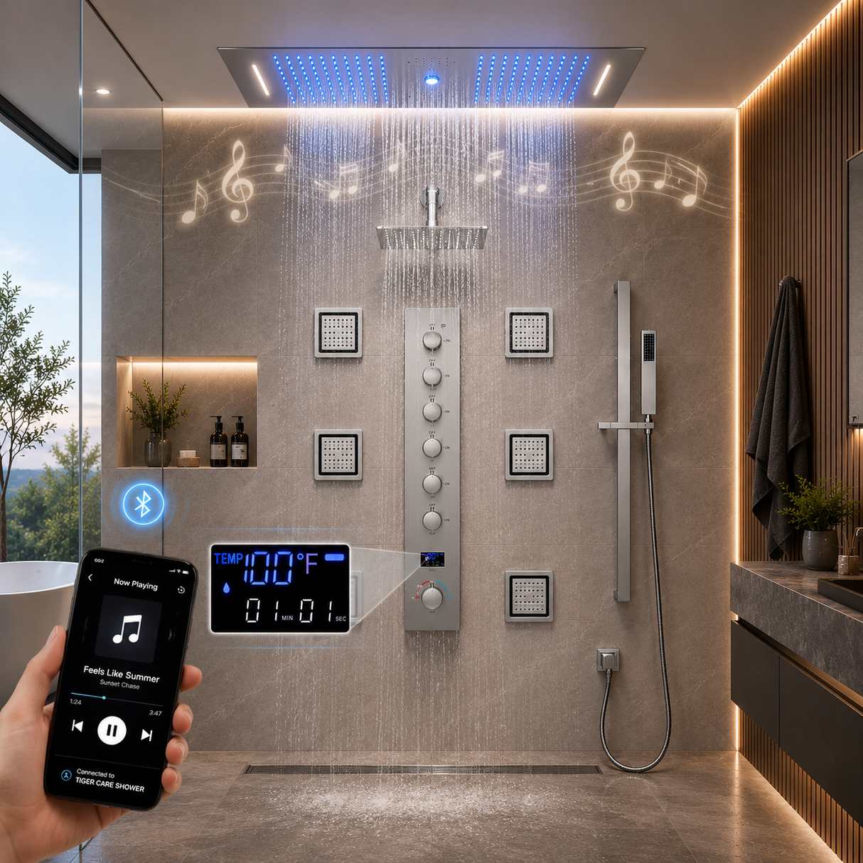 Sydney|36"Inch Complete Led Music Shower System Rainfall Waterfall & Wall Mounted Showerhead