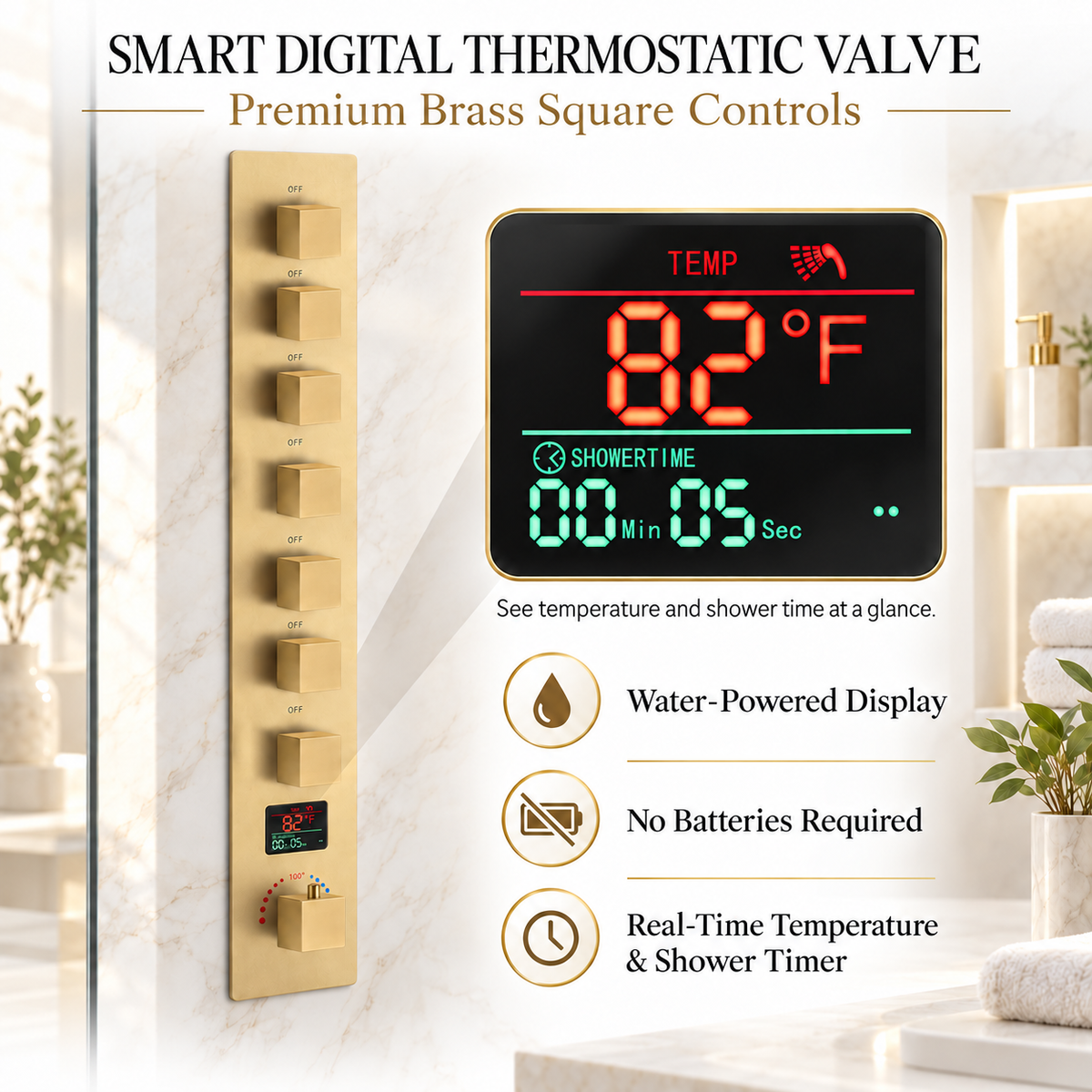 SAFARI seven-function thermostatic shower valve with digital temperature display