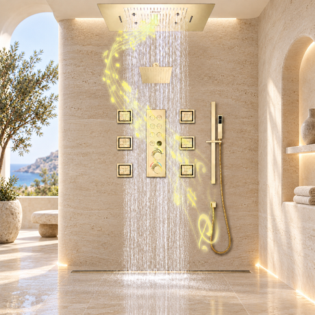 VIVRY 32-inch luxury LED music shower system in a modern bathroom