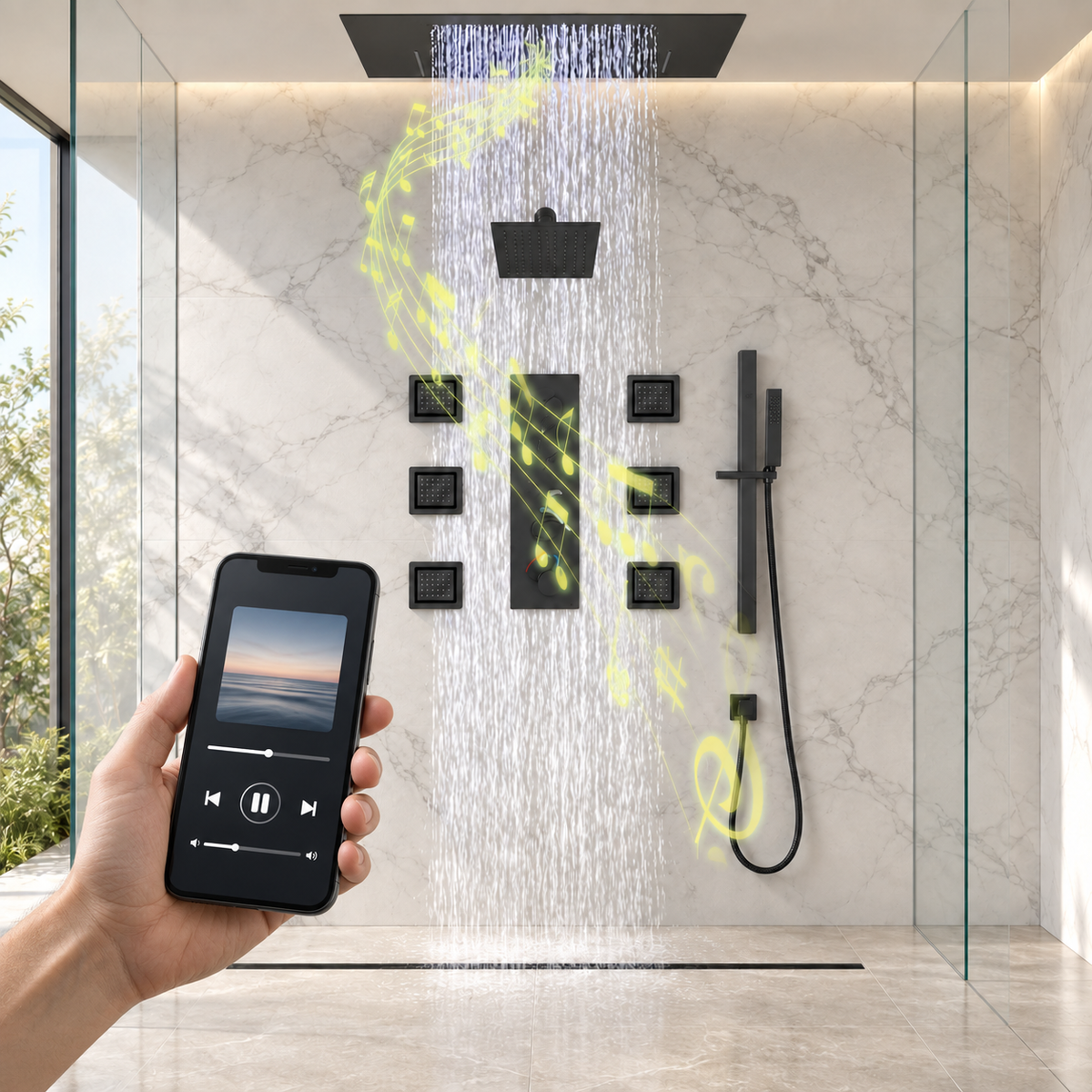 VIVRY complete ceiling-mount shower system with rainfall and body jets