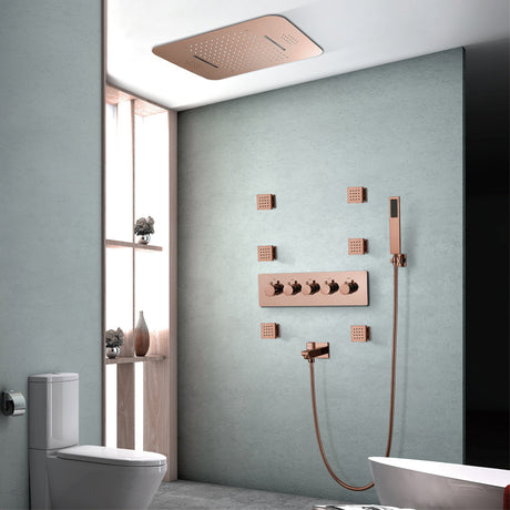 23" inch Complete Luxury  Thermostatic Shower System Rose Gold Finish , LED Lights 2 Speakers Bluetooth, Rain & Waterfall Functions 6 Body Jets Massage Smart Living and Technology