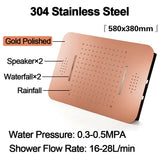 23" inch Complete Luxury  Thermostatic Shower System Rose Gold Finish , LED Lights 2 Speakers Bluetooth, Rain & Waterfall Functions 6 Body Jets Massage Smart Living and Technology