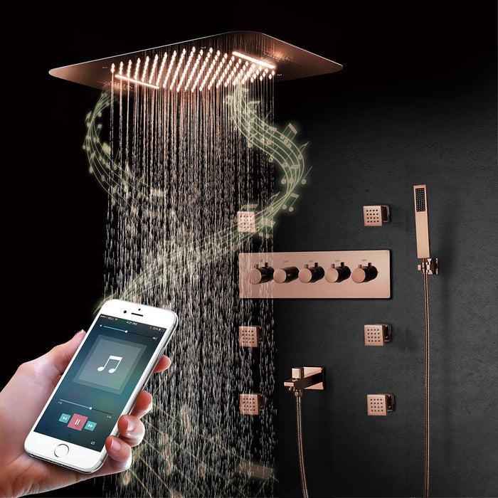 23" inch Complete Luxury  Thermostatic Shower System Rose Gold Finish , LED Lights 2 Speakers Bluetooth, Rain & Waterfall Functions 6 Body Jets Massage Smart Living and Technology