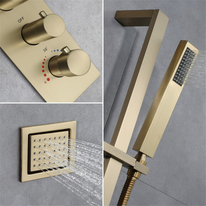 EDEN  | 36" Ceiling mounted Brushed Gold Complete LED Music Shower Set Rainfall/Waterfall/Mist Spray/Water Column/Large Body Jets Smart Living and Technology