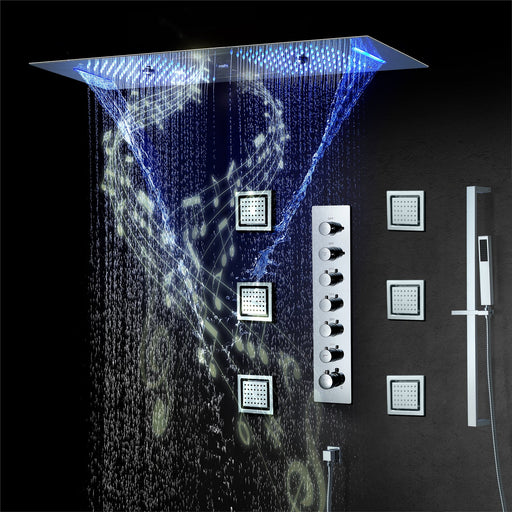 EDEN| BRUSHED NICKLE 36" Ceiling mounted Brushed Nickle Complete LED Music Shower Set Rainfall/Waterfall/Mist Spray/Water Column/Large Body Jets Smart Living and Technology