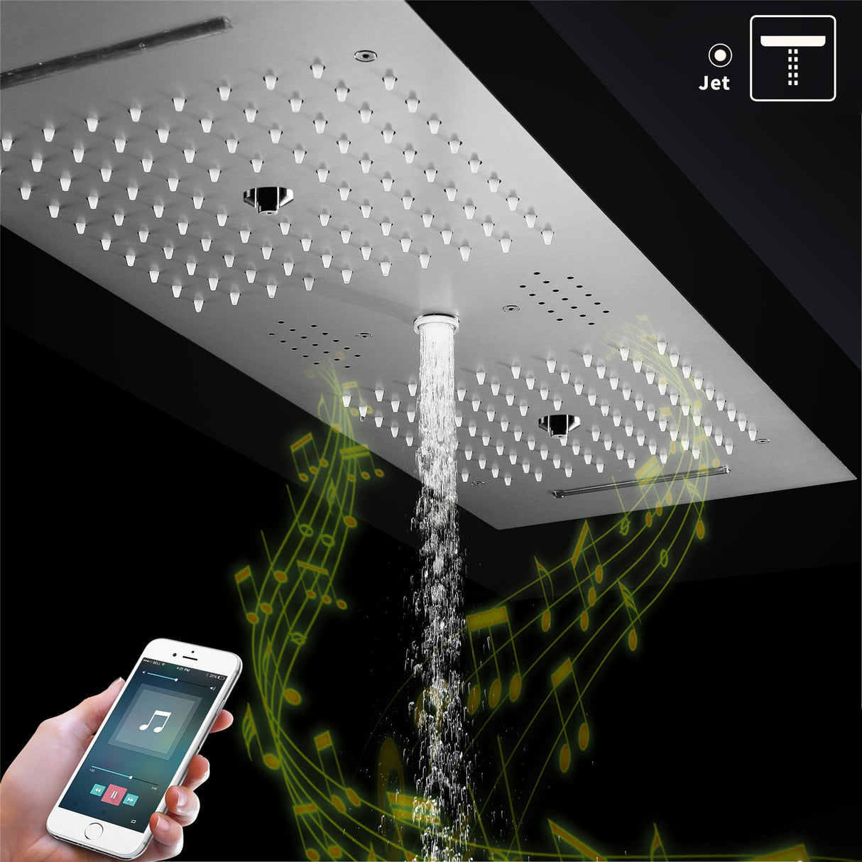 EDEN| BRUSHED NICKLE 36" Ceiling mounted Brushed Nickle Complete LED Music Shower Set Rainfall/Waterfall/Mist Spray/Water Column/Large Body Jets Smart Living and Technology