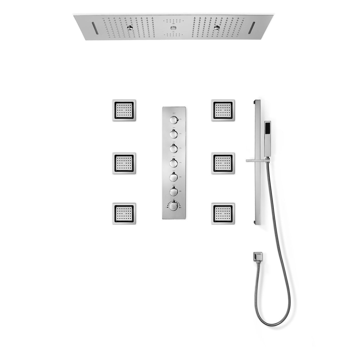 EDEN| BRUSHED NICKLE 36" Ceiling mounted Brushed Nickle Complete LED Music Shower Set Rainfall/Waterfall/Mist Spray/Water Column/Large Body Jets Smart Living and Technology