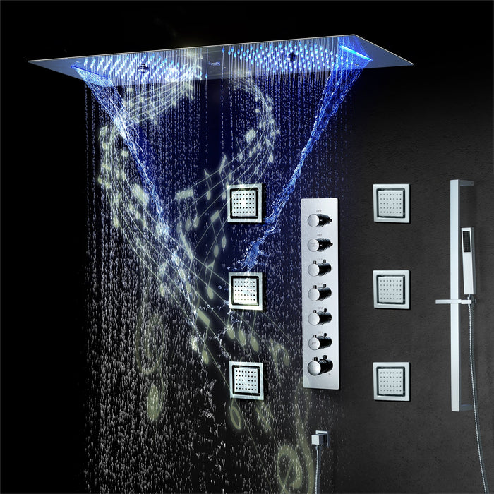 EDEN| BRUSHED NICKLE 36" Ceiling mounted Brushed Nickle Complete LED Music Shower Set Rainfall/Waterfall/Mist Spray/Water Column/Large Body Jets Smart Living and Technology