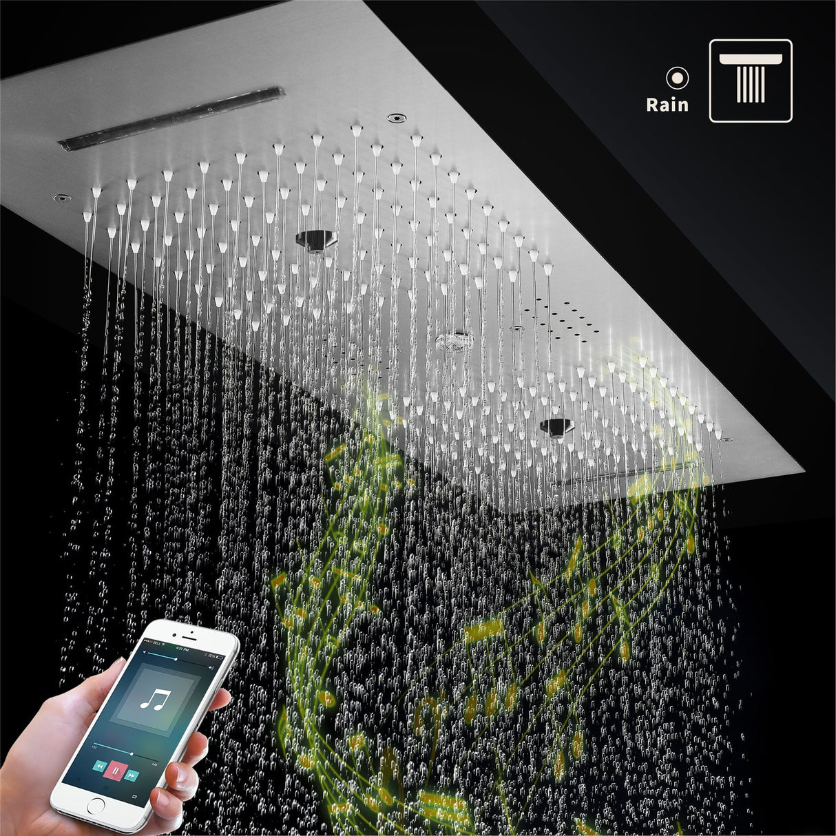 EDEN| BRUSHED NICKLE 36" Ceiling mounted Brushed Nickle Complete LED Music Shower Set Rainfall/Waterfall/Mist Spray/Water Column/Large Body Jets Smart Living and Technology