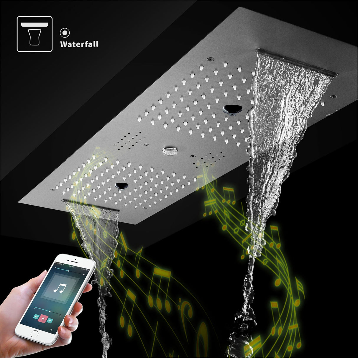 EDEN| BRUSHED NICKLE 36" Ceiling mounted Brushed Nickle Complete LED Music Shower Set Rainfall/Waterfall/Mist Spray/Water Column/Large Body Jets Smart Living and Technology