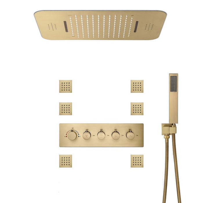 FAVOR | 23" Brushed Gold  Ceiling Mounted  Complete Thermostatic LED Music Shower System 6 Body Jets - Brushed Gold Smart Living and Technology