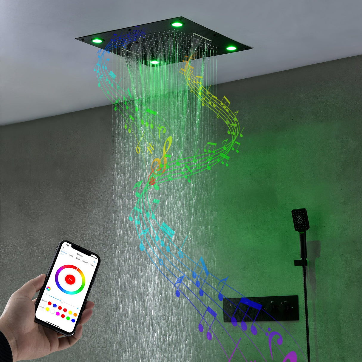 FLORIDA 23" X 23" Complete Led Music Shower Set Rain Waterfall & Mist Spray Functions Smart Living and Technology