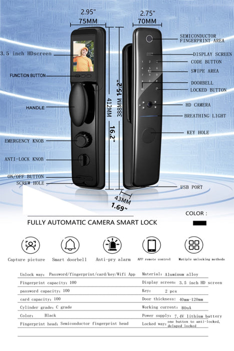 GEOGRAPHY - Smart Door Lock Fingerprint Built-in Camera Doorbell Keyless Entry Passcode Door lock Smart Living and Technology