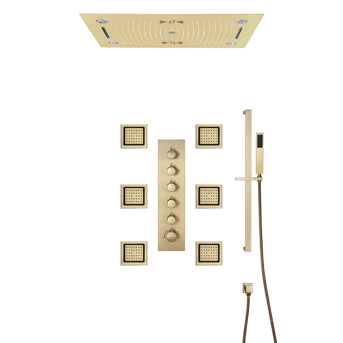 HAVASU| 28" CEILING MOUNTED BRUSHED GOLD LED MUSIC SHOWER SET RAINFALL/WATERFALL/WATER SPIN & COLUMN FUNCTIONS Smart Living and Technology