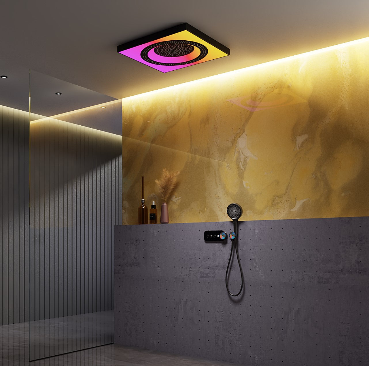 LAS VEGAS| 23.5" LUXURY CEILING MOUNTED  COMPLETE THERMOSTASTIC LED SHOWER SET WITH RAINFALL  MIST SPRAY WATER CURTAIN Smart Living and Technology