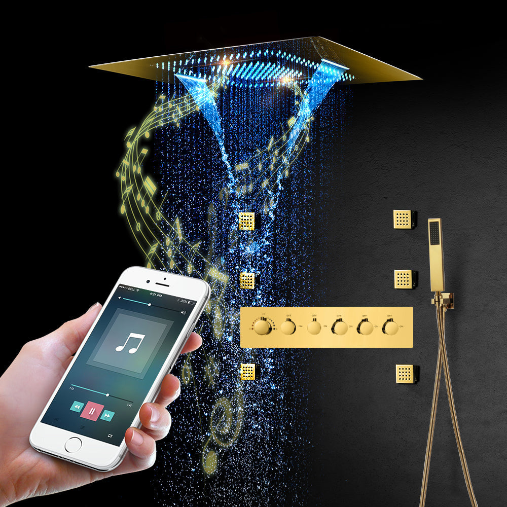 MALDIVES | Gold 31" Inch Luxury Complete Led Music Shower Set Rain / Waterfall / Mist Spray Functions 6 Body Jets & Hand Shower Smart Living and Technology